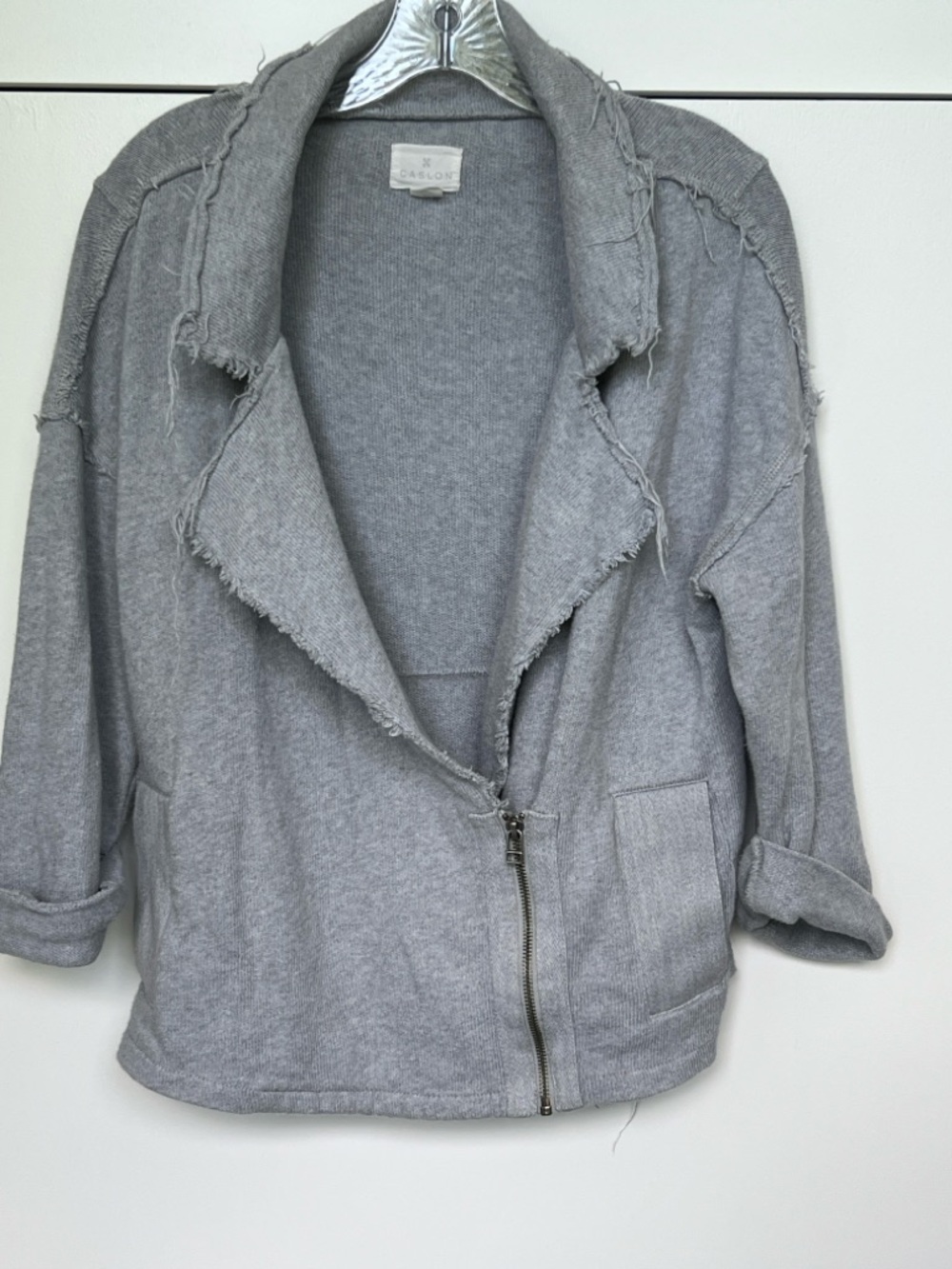 Caslon Light Gray Frayed-Trim Zip Cardigan